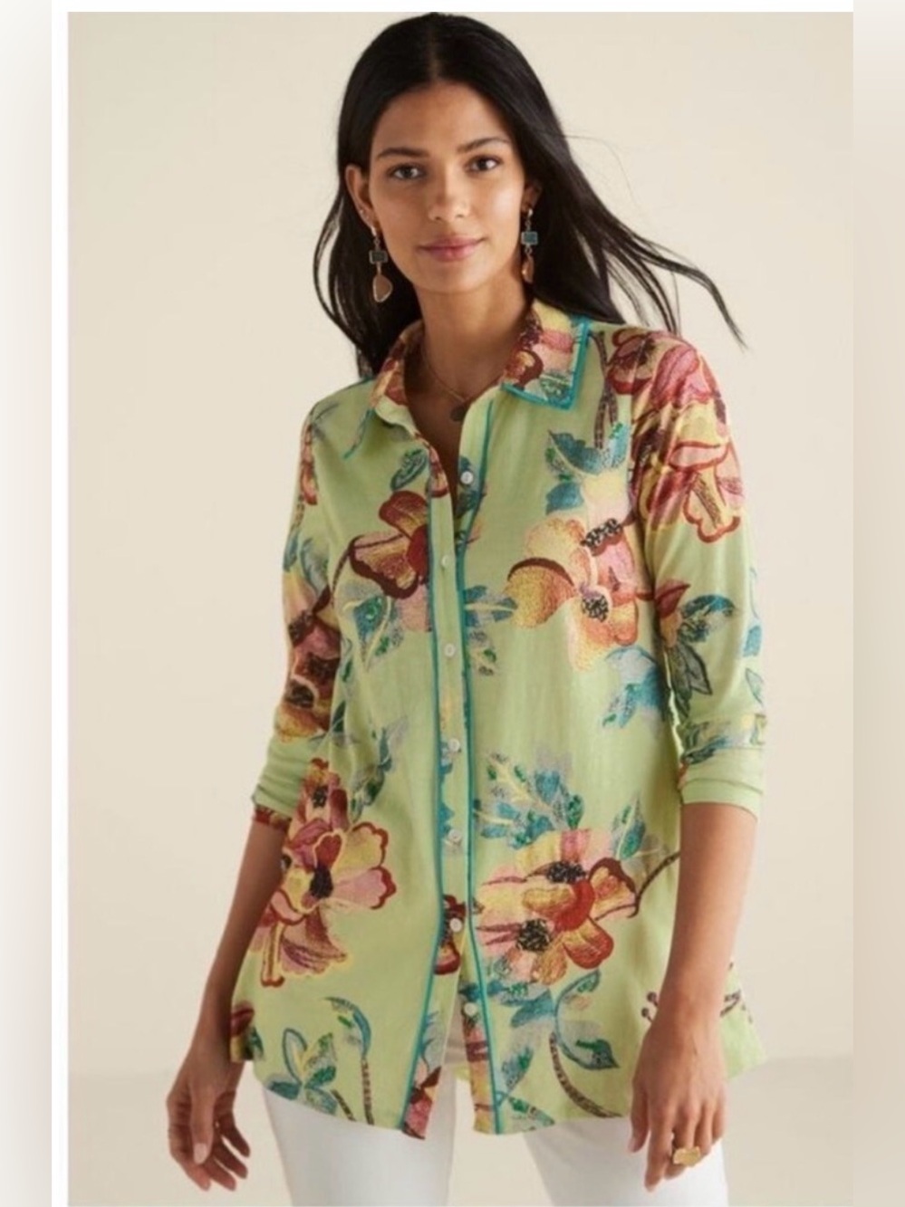 Soft Surroundings Elena Floral Button-Down Tunic Top Small